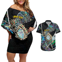 Personalised New Zealand Darts Couples Matching Off Shoulder Short Dress and Hawaiian Shirt NZ Paua Shell Maori Fern DT02 Black - Polynesian Pride