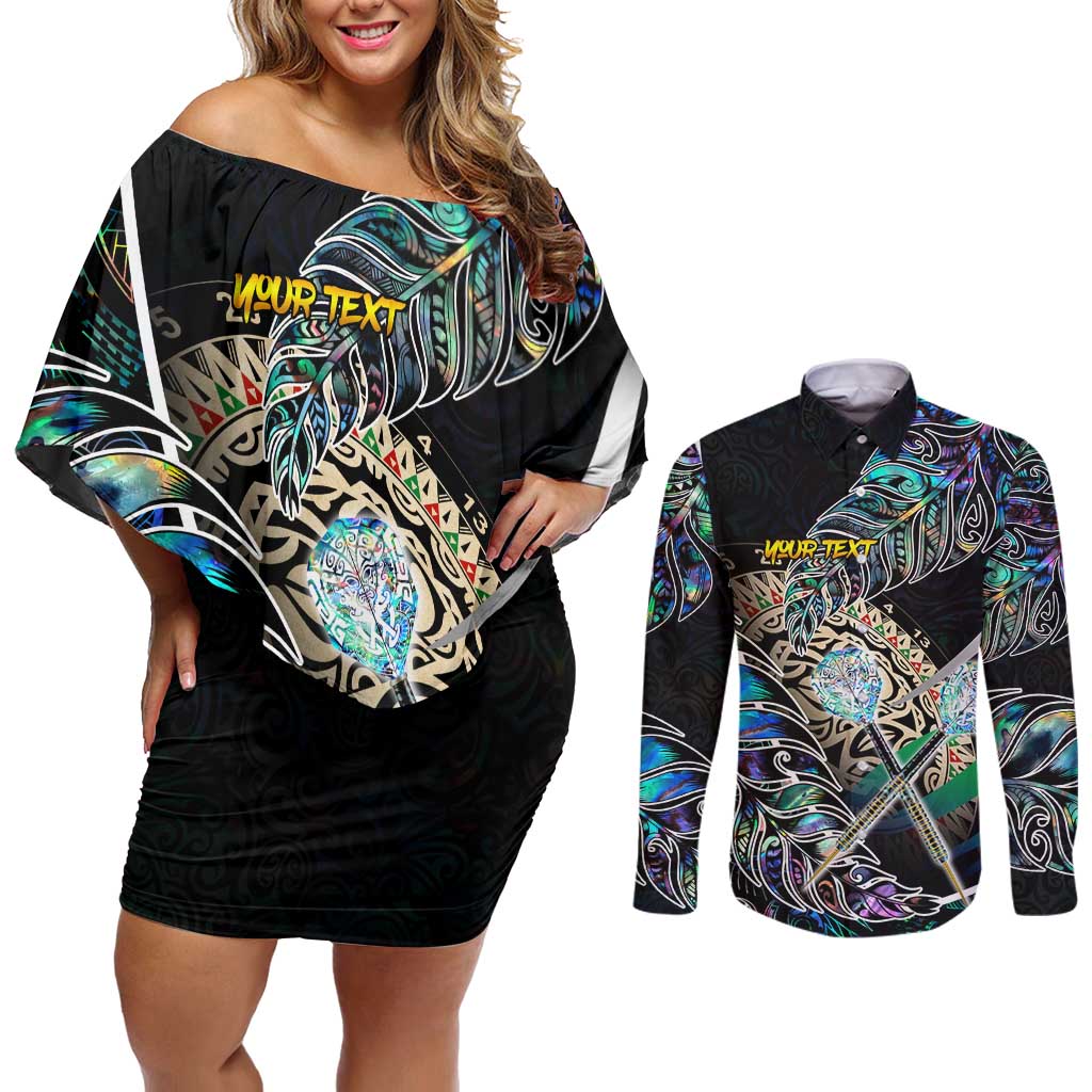 Personalised New Zealand Darts Couples Matching Off Shoulder Short Dress and Long Sleeve Button Shirt NZ Paua Shell Maori Fern DT02 Black - Polynesian Pride