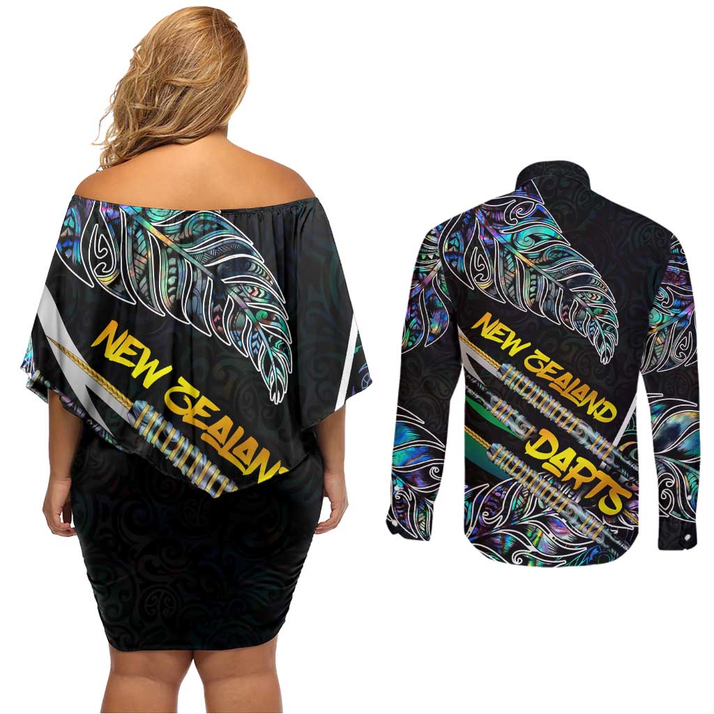 Personalised New Zealand Darts Couples Matching Off Shoulder Short Dress and Long Sleeve Button Shirt NZ Paua Shell Maori Fern DT02 - Polynesian Pride