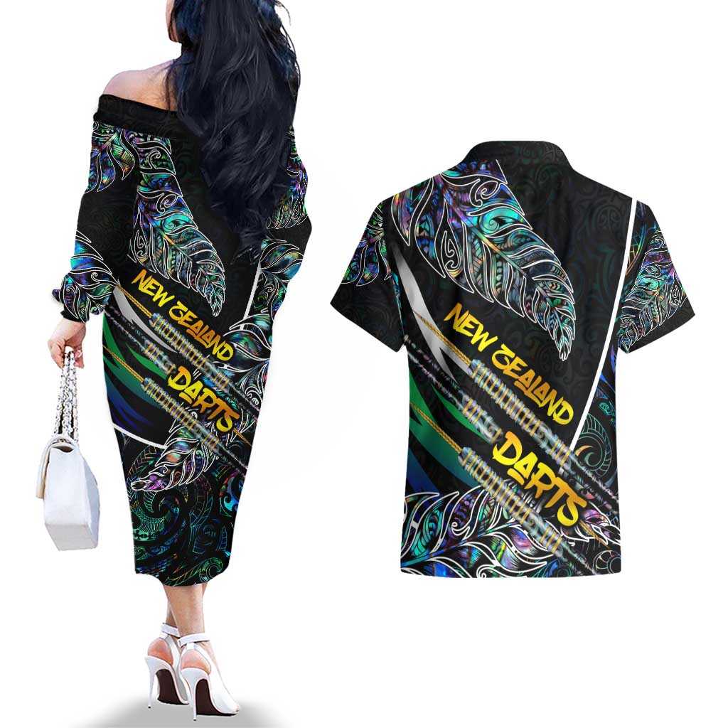 Personalised New Zealand Darts Couples Matching Off The Shoulder Long Sleeve Dress and Hawaiian Shirt NZ Paua Shell Maori Fern DT02 - Polynesian Pride