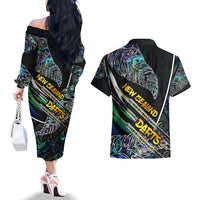 Personalised New Zealand Darts Couples Matching Off The Shoulder Long Sleeve Dress and Hawaiian Shirt NZ Paua Shell Maori Fern DT02 - Polynesian Pride