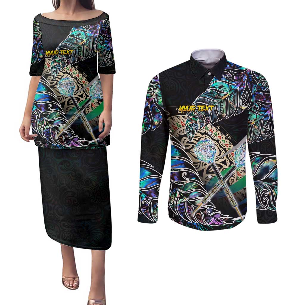 Personalised New Zealand Darts Couples Matching Puletasi and Long Sleeve Button Shirt NZ Paua Shell Maori Fern DT02 Black - Polynesian Pride