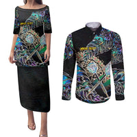 Personalised New Zealand Darts Couples Matching Puletasi and Long Sleeve Button Shirt NZ Paua Shell Maori Fern DT02 Black - Polynesian Pride