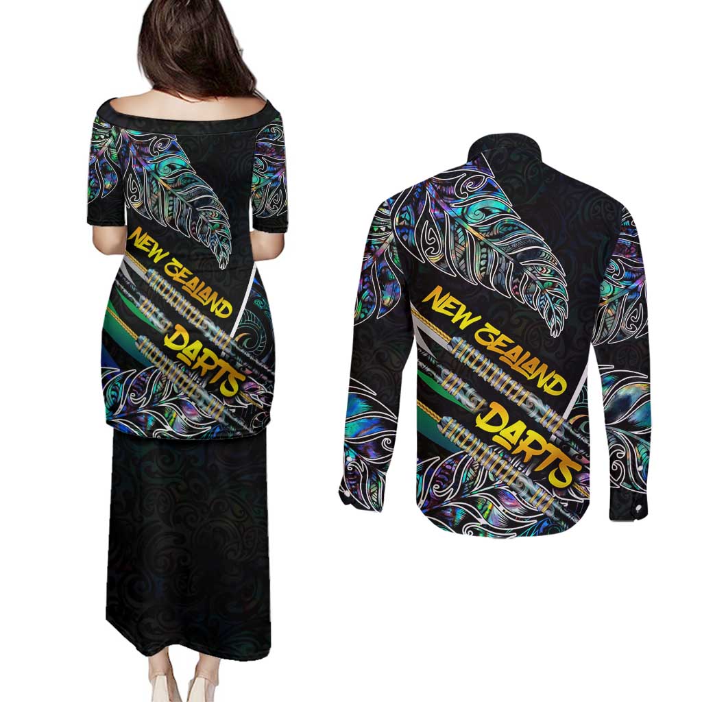 Personalised New Zealand Darts Couples Matching Puletasi and Long Sleeve Button Shirt NZ Paua Shell Maori Fern DT02 - Polynesian Pride
