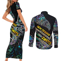 Personalised New Zealand Darts Couples Matching Short Sleeve Bodycon Dress and Long Sleeve Button Shirt NZ Paua Shell Maori Fern DT02 - Polynesian Pride