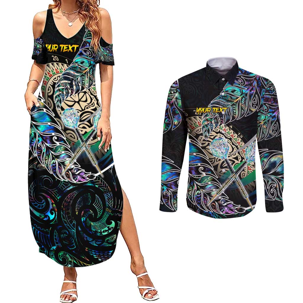 Personalised New Zealand Darts Couples Matching Summer Maxi Dress and Long Sleeve Button Shirt NZ Paua Shell Maori Fern DT02 Black - Polynesian Pride