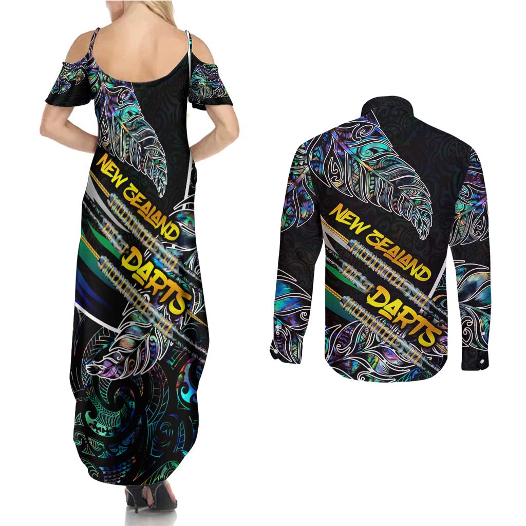 Personalised New Zealand Darts Couples Matching Summer Maxi Dress and Long Sleeve Button Shirt NZ Paua Shell Maori Fern DT02 - Polynesian Pride