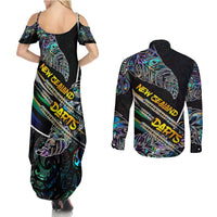 Personalised New Zealand Darts Couples Matching Summer Maxi Dress and Long Sleeve Button Shirt NZ Paua Shell Maori Fern DT02 - Polynesian Pride