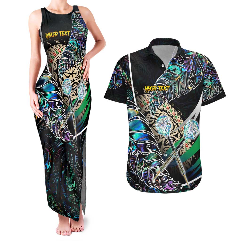 Personalised New Zealand Darts Couples Matching Tank Maxi Dress and Hawaiian Shirt NZ Paua Shell Maori Fern DT02 Black - Polynesian Pride