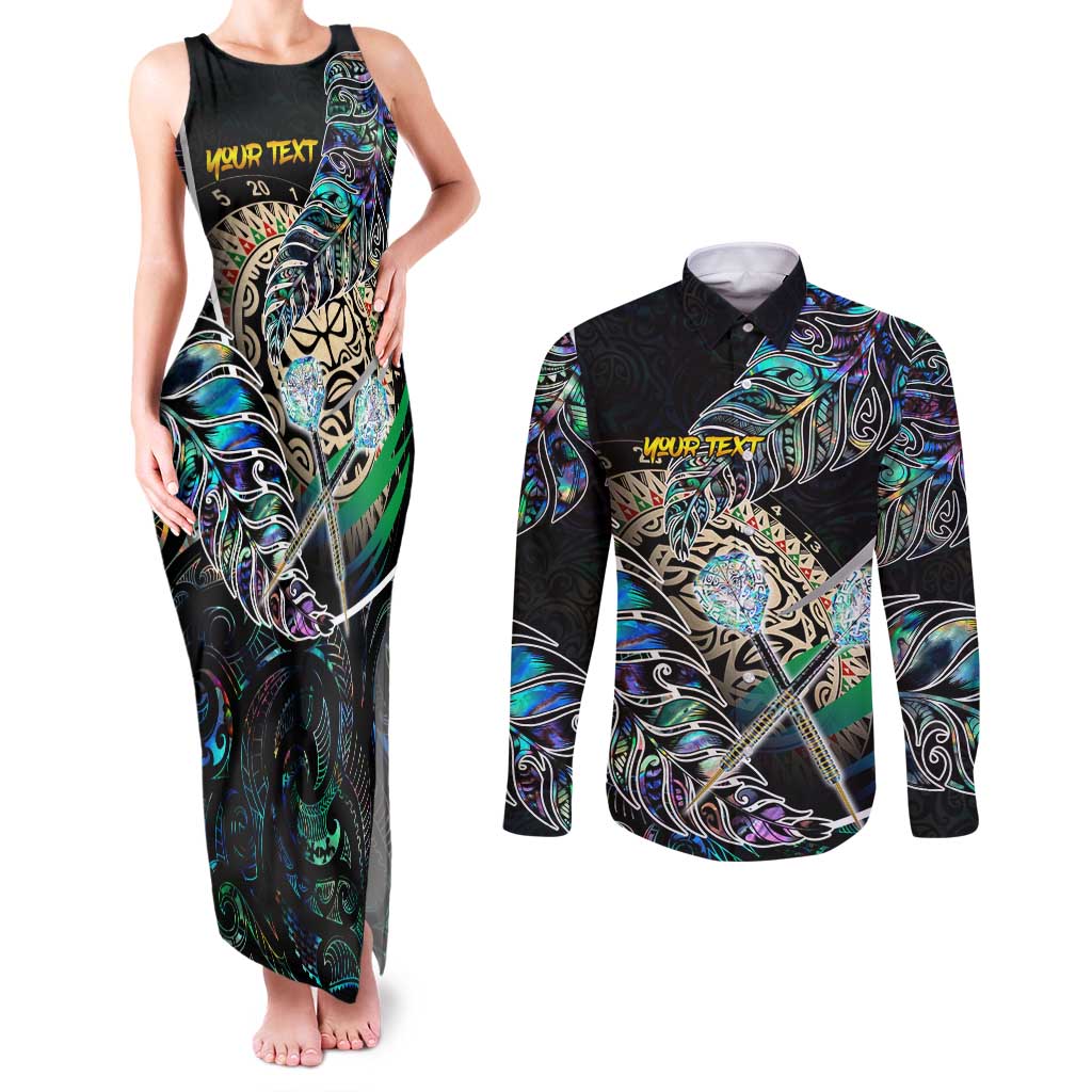 Personalised New Zealand Darts Couples Matching Tank Maxi Dress and Long Sleeve Button Shirt NZ Paua Shell Maori Fern DT02 Black - Polynesian Pride
