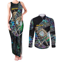 Personalised New Zealand Darts Couples Matching Tank Maxi Dress and Long Sleeve Button Shirt NZ Paua Shell Maori Fern DT02 Black - Polynesian Pride