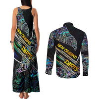 Personalised New Zealand Darts Couples Matching Tank Maxi Dress and Long Sleeve Button Shirt NZ Paua Shell Maori Fern DT02 - Polynesian Pride