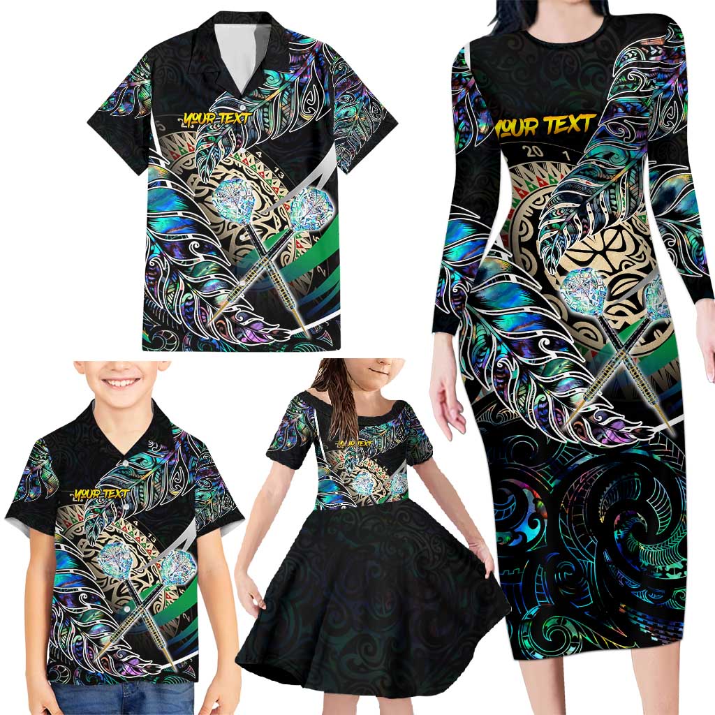 Personalised New Zealand Darts Family Matching Long Sleeve Bodycon Dress and Hawaiian Shirt NZ Paua Shell Maori Fern DT02 - Polynesian Pride
