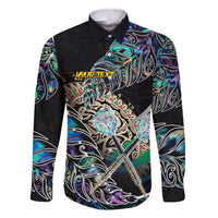 Personalised New Zealand Darts Family Matching Long Sleeve Bodycon Dress and Hawaiian Shirt NZ Paua Shell Maori Fern DT02 Dad's Shirt - Long Sleeve Black - Polynesian Pride