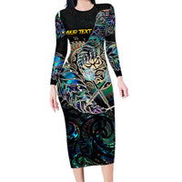 Personalised New Zealand Darts Family Matching Long Sleeve Bodycon Dress and Hawaiian Shirt NZ Paua Shell Maori Fern DT02 Mom's Dress Black - Polynesian Pride