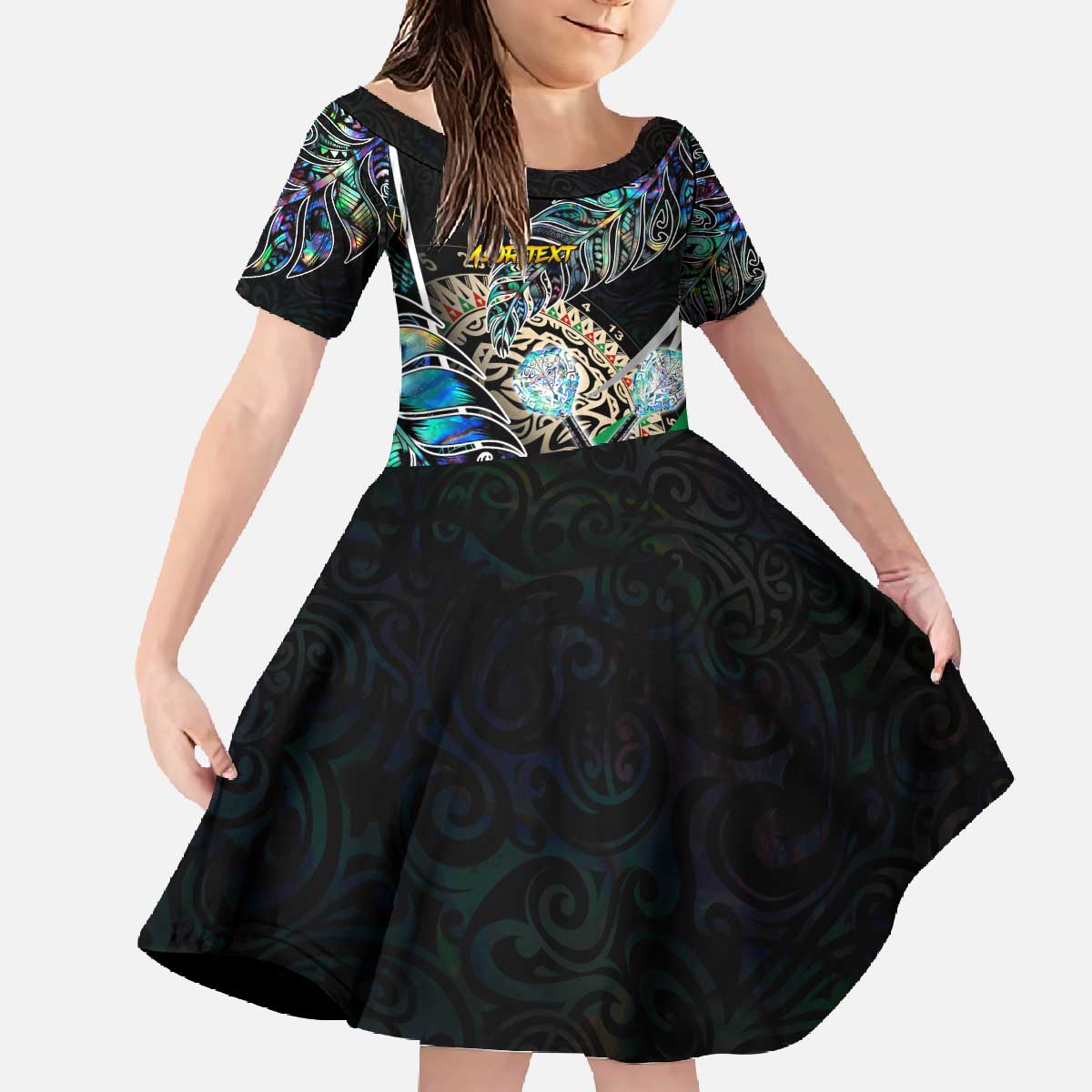 Personalised New Zealand Darts Family Matching Off The Shoulder Long Sleeve Dress and Hawaiian Shirt NZ Paua Shell Maori Fern DT02 Daughter's Dress Black - Polynesian Pride