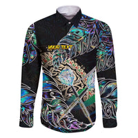Personalised New Zealand Darts Family Matching Off The Shoulder Long Sleeve Dress and Hawaiian Shirt NZ Paua Shell Maori Fern DT02 Dad's Shirt - Long Sleeve Black - Polynesian Pride