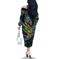 Personalised New Zealand Darts Family Matching Off The Shoulder Long Sleeve Dress and Hawaiian Shirt NZ Paua Shell Maori Fern DT02 - Polynesian Pride