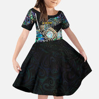 Personalised New Zealand Darts Family Matching Off Shoulder Maxi Dress and Hawaiian Shirt NZ Paua Shell Maori Fern DT02 Daughter's Dress Black - Polynesian Pride