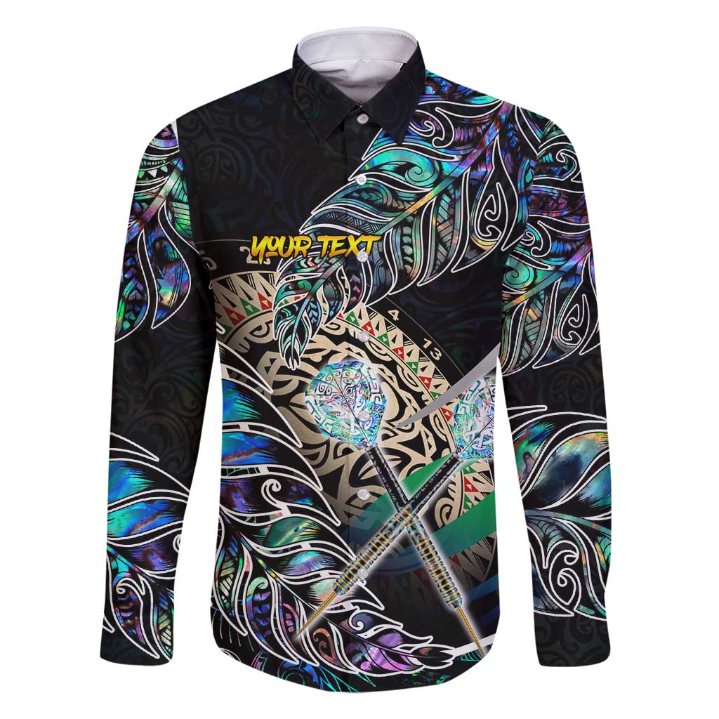 Personalised New Zealand Darts Family Matching Off Shoulder Maxi Dress and Hawaiian Shirt NZ Paua Shell Maori Fern DT02 Dad's Shirt - Long Sleeve Black - Polynesian Pride