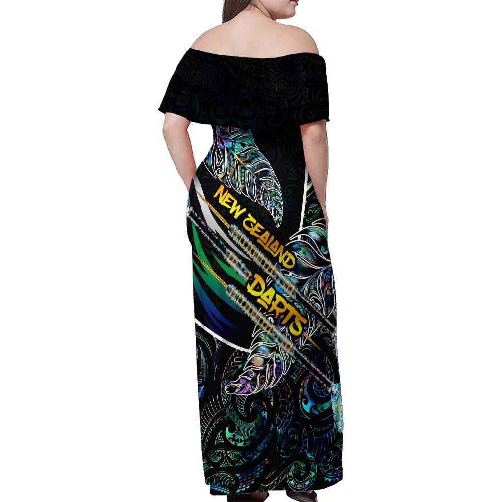 Personalised New Zealand Darts Family Matching Off Shoulder Maxi Dress and Hawaiian Shirt NZ Paua Shell Maori Fern DT02 - Polynesian Pride