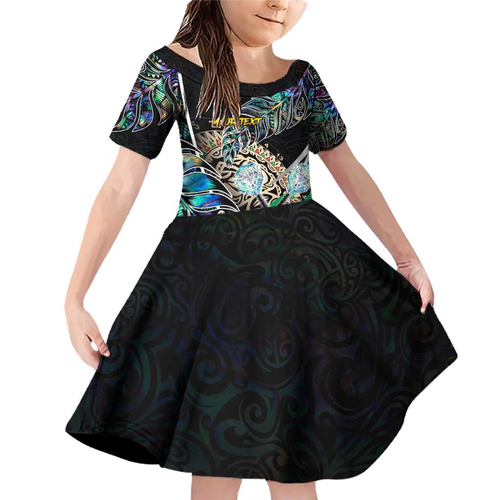 Personalised New Zealand Darts Family Matching Off Shoulder Short Dress and Hawaiian Shirt NZ Paua Shell Maori Fern DT02 Daughter's Dress Black - Polynesian Pride