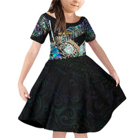 Personalised New Zealand Darts Family Matching Off Shoulder Short Dress and Hawaiian Shirt NZ Paua Shell Maori Fern DT02 Daughter's Dress Black - Polynesian Pride