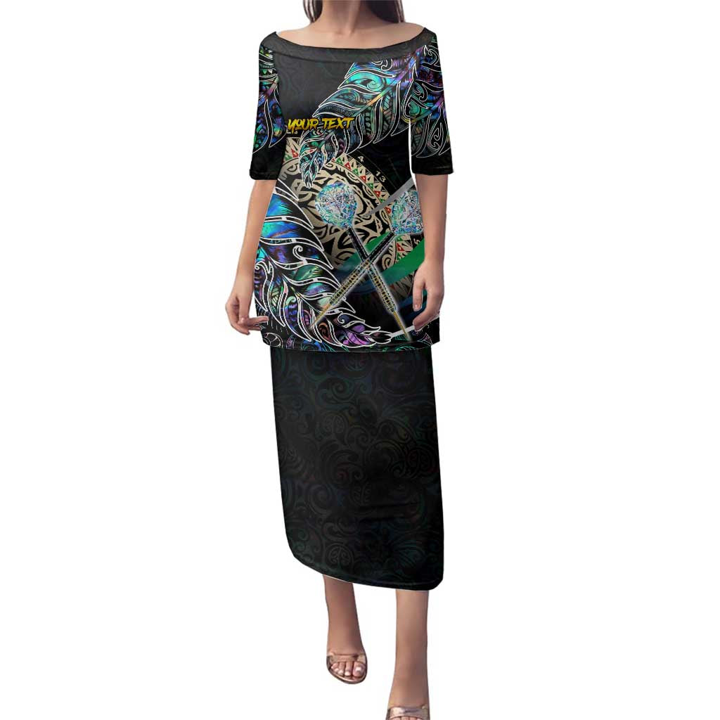 Personalised New Zealand Darts Family Matching Puletasi and Hawaiian Shirt NZ Paua Shell Maori Fern DT02 Mom's Dress Black - Polynesian Pride