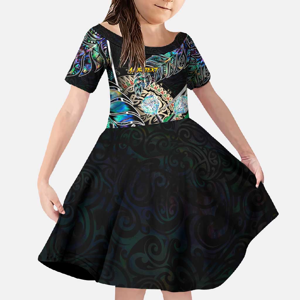 Personalised New Zealand Darts Family Matching Short Sleeve Bodycon Dress and Hawaiian Shirt NZ Paua Shell Maori Fern DT02 Daughter's Dress Black - Polynesian Pride
