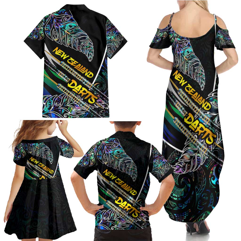 Personalised New Zealand Darts Family Matching Summer Maxi Dress and Hawaiian Shirt NZ Paua Shell Maori Fern DT02 - Polynesian Pride