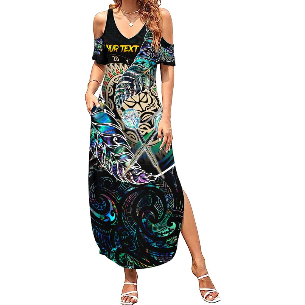Personalised New Zealand Darts Family Matching Summer Maxi Dress and Hawaiian Shirt NZ Paua Shell Maori Fern DT02 Mom's Dress Black - Polynesian Pride