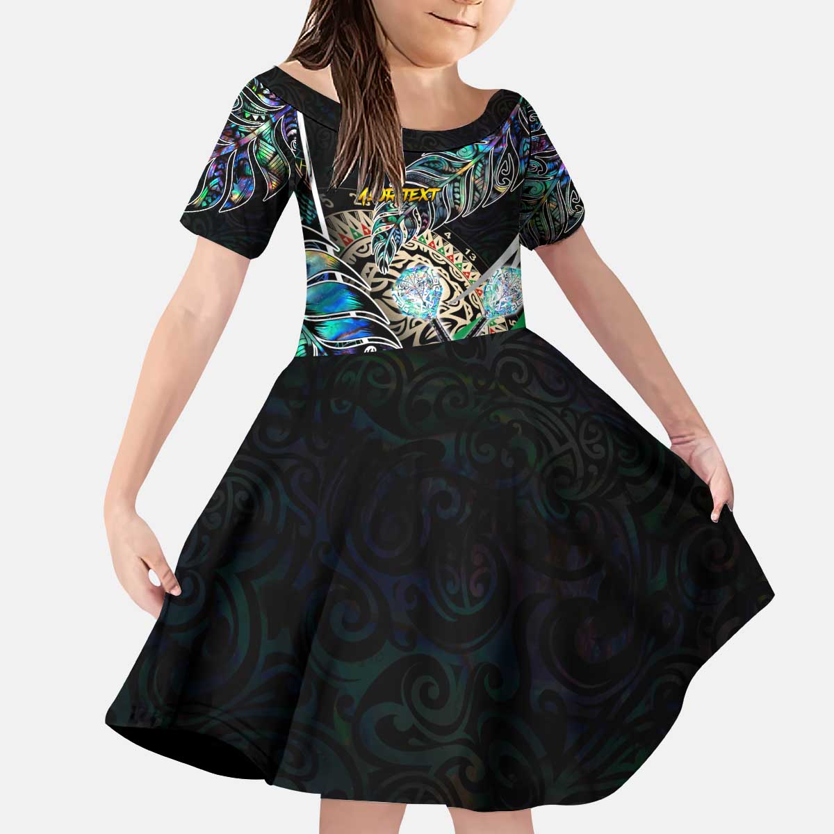 Personalised New Zealand Darts Kid Short Sleeve Dress NZ Paua Shell Maori Fern DT02 KID Black - Polynesian Pride