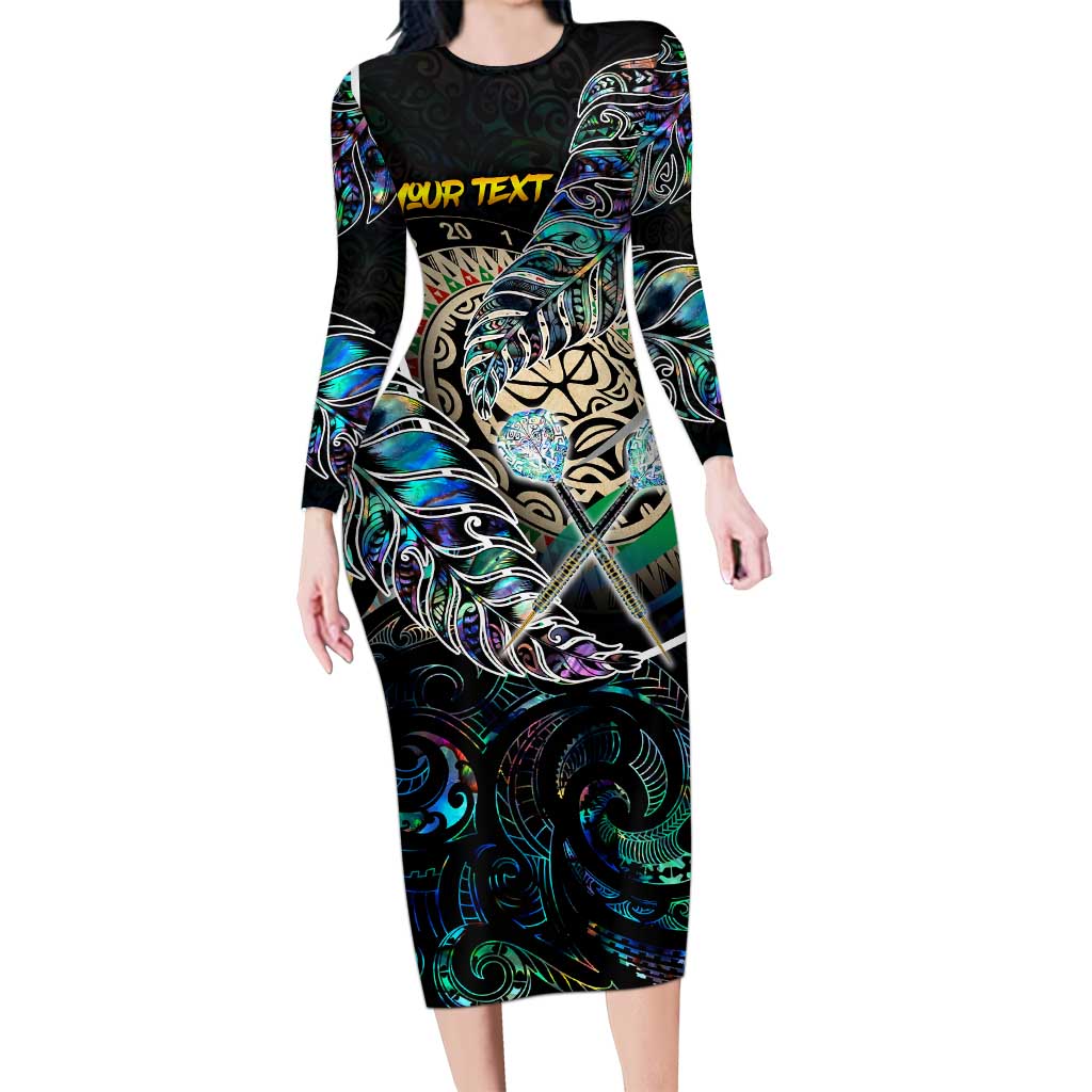 Personalised New Zealand Darts Long Sleeve Bodycon Dress NZ Paua Shell Maori Fern DT02 Long Dress Black - Polynesian Pride