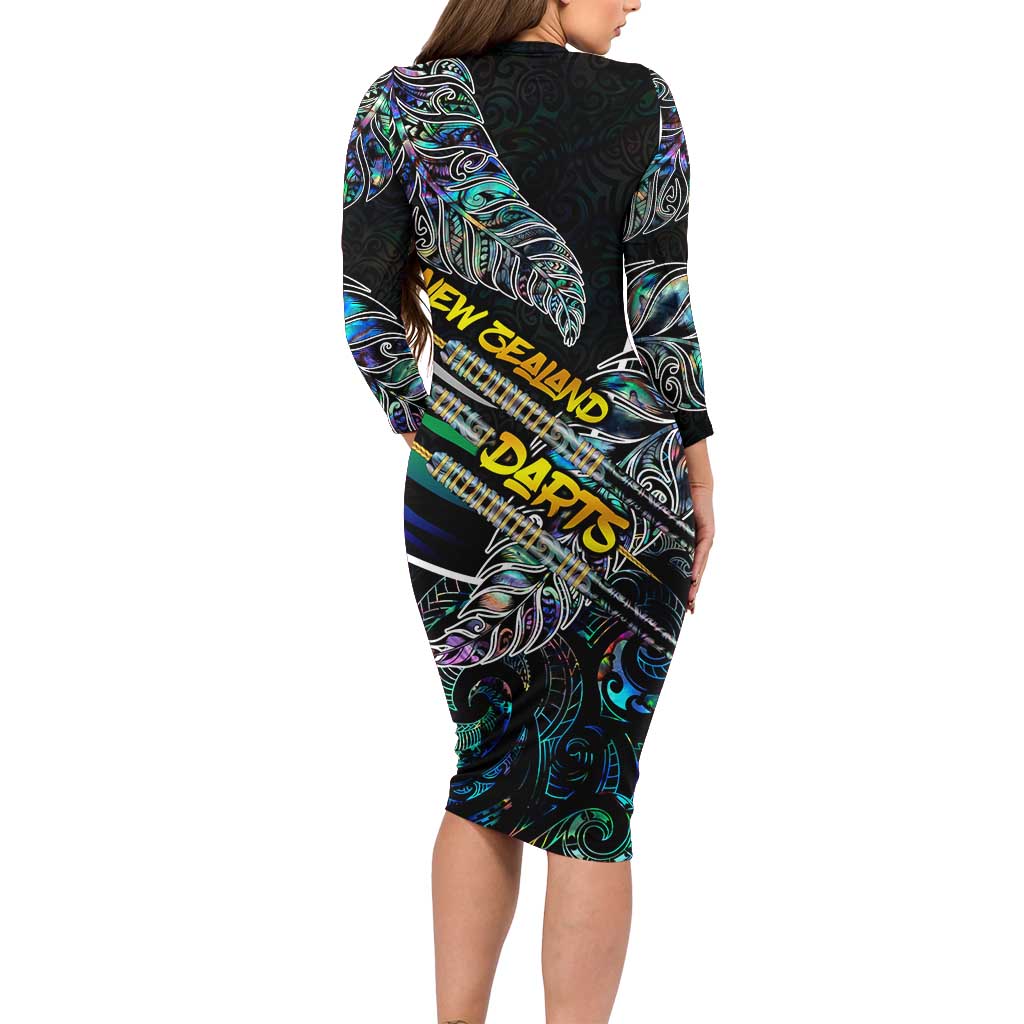 Personalised New Zealand Darts Long Sleeve Bodycon Dress NZ Paua Shell Maori Fern DT02 - Polynesian Pride