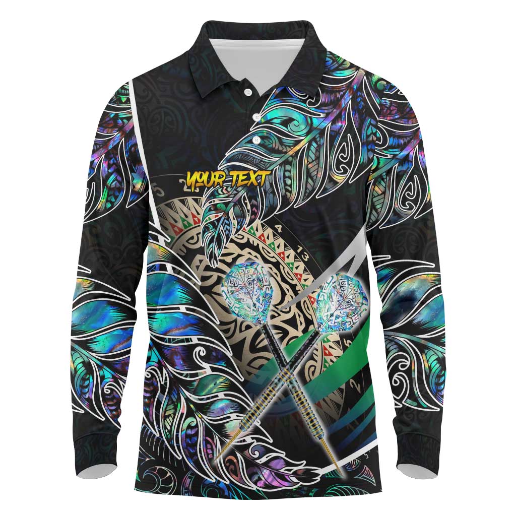 Personalised New Zealand Darts Long Sleeve Polo Shirt NZ Paua Shell Maori Fern DT02 Black - Polynesian Pride