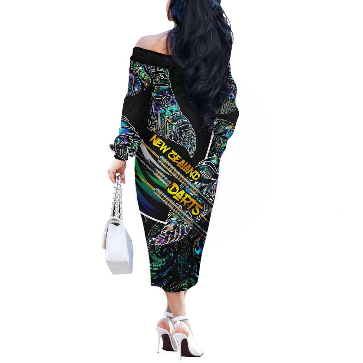 Personalised New Zealand Darts Off The Shoulder Long Sleeve Dress NZ Paua Shell Maori Fern DT02 - Polynesian Pride