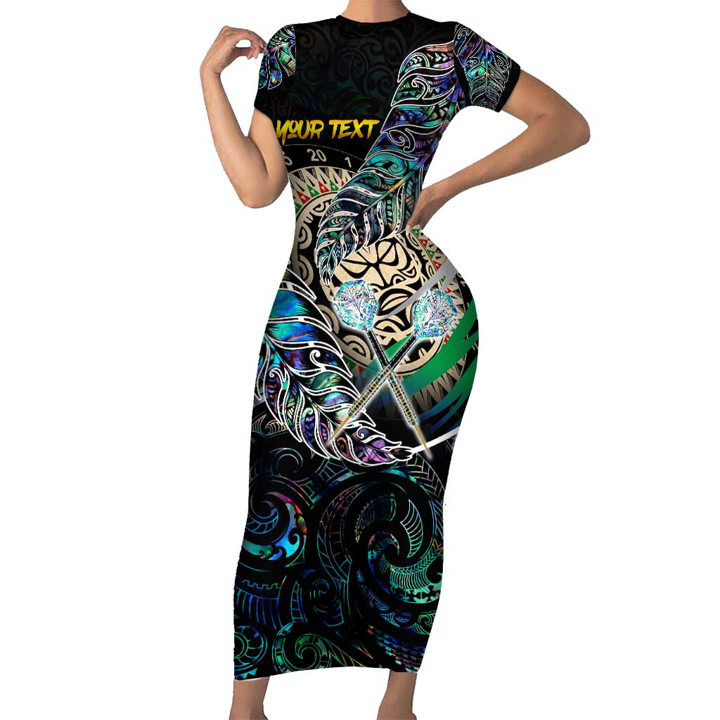 Personalised New Zealand Darts Short Sleeve Bodycon Dress NZ Paua Shell Maori Fern DT02 Long Dress Black - Polynesian Pride