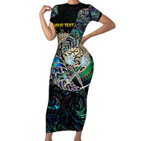 Personalised New Zealand Darts Short Sleeve Bodycon Dress NZ Paua Shell Maori Fern DT02 Long Dress Black - Polynesian Pride