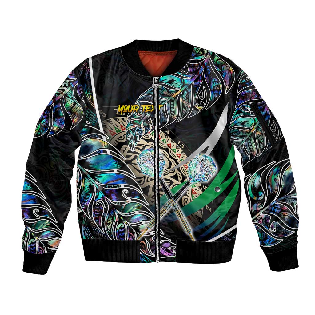 Personalised New Zealand Darts Sleeve Zip Bomber Jacket NZ Paua Shell Maori Fern DT02 Unisex Black - Polynesian Pride