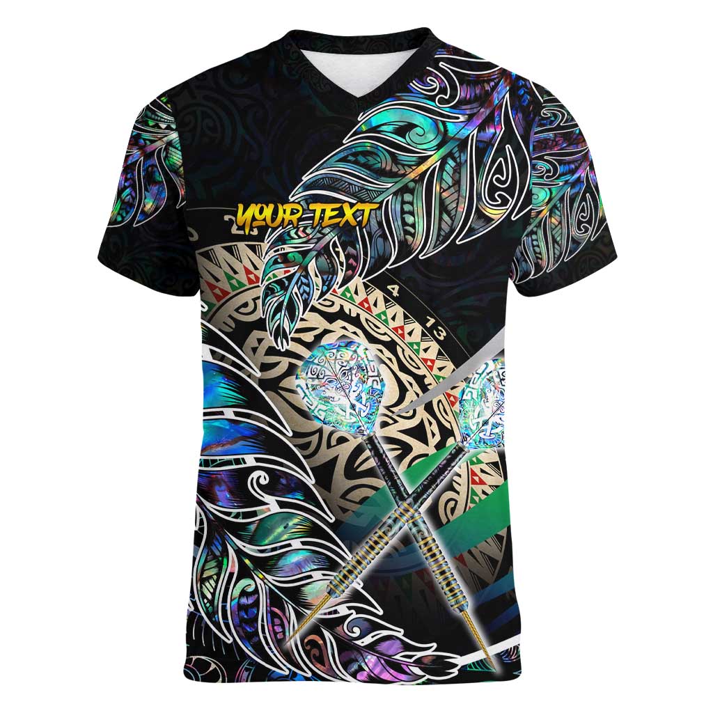 Personalised New Zealand Darts Women V-Neck T-Shirt NZ Paua Shell Maori Fern DT02 Female Black - Polynesian Pride
