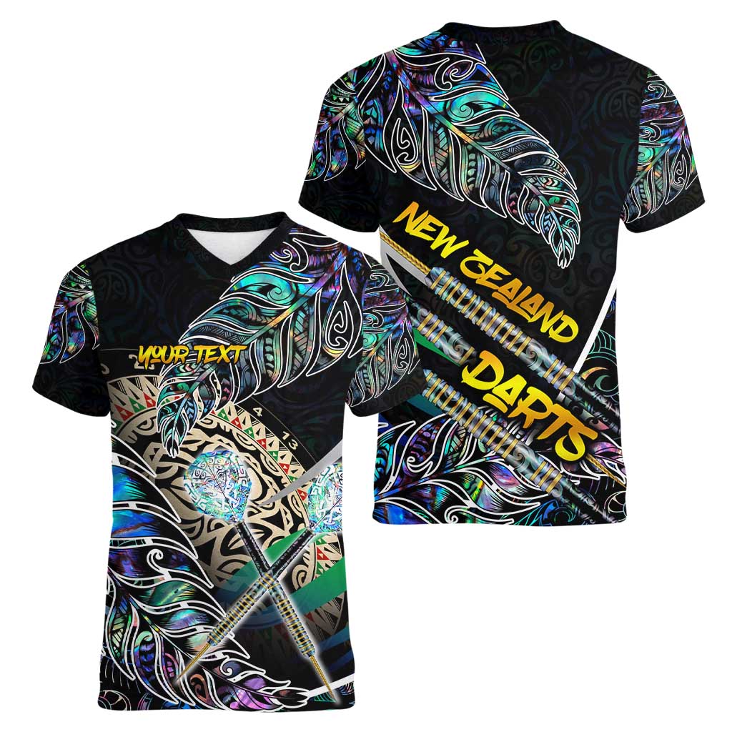 Personalised New Zealand Darts Women V-Neck T-Shirt NZ Paua Shell Maori Fern DT02 - Polynesian Pride