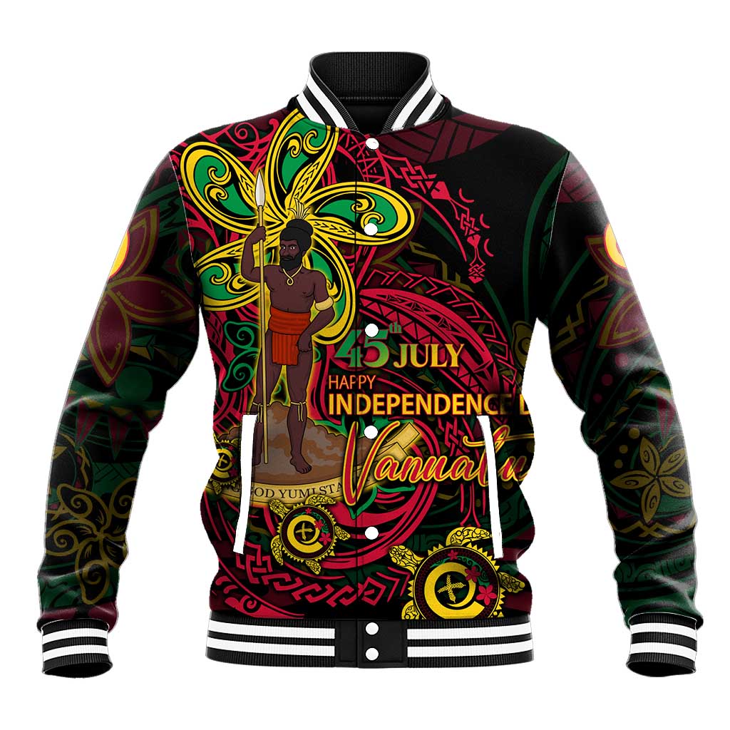 Custom Vanuatu 45th Independence Anniversary Baseball Jacket Flower Melanesian Namele Turtle - Polynesian Pride