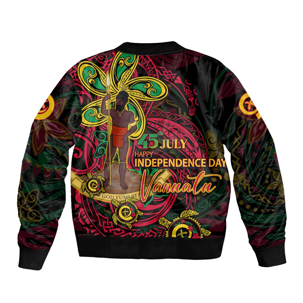 Custom Vanuatu 45th Independence Anniversary Bomber Jacket Flower Melanesian Namele Turtle - Polynesian Pride