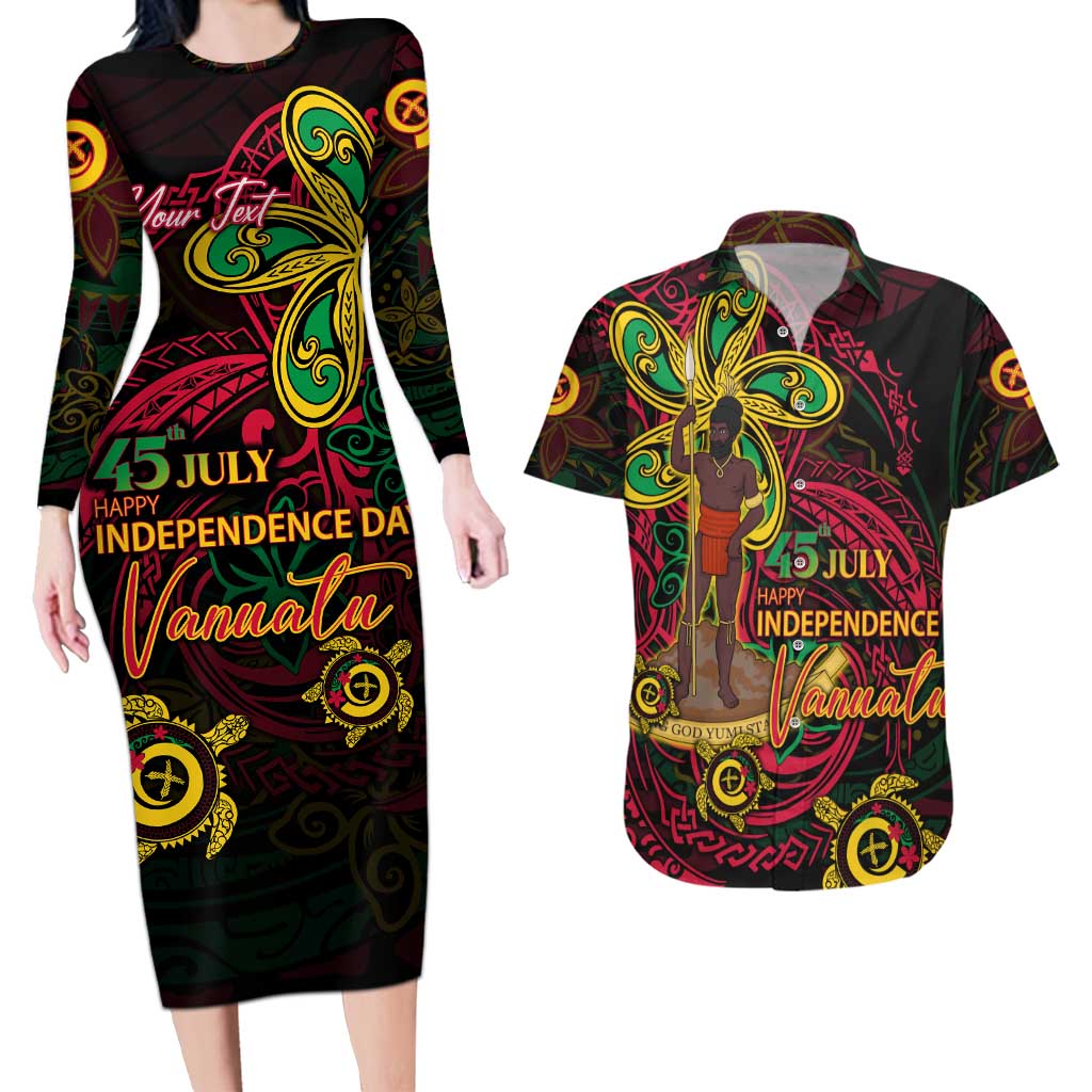 Custom Vanuatu 45th Independence Anniversary Couples Matching Long Sleeve Bodycon Dress and Hawaiian Shirt Flower Melanesian Namele Turtle - Polynesian Pride