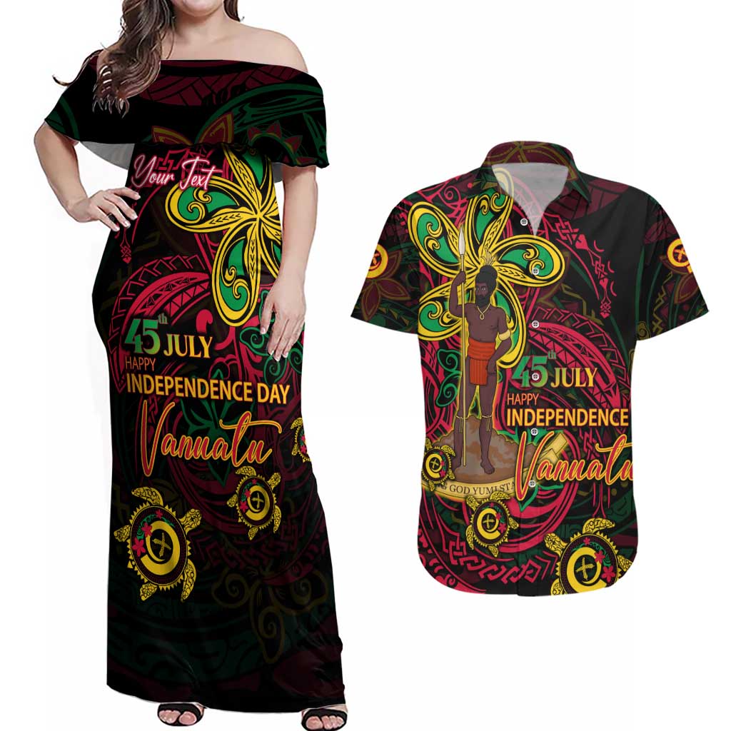 Custom Vanuatu 45th Independence Anniversary Couples Matching Off Shoulder Maxi Dress and Hawaiian Shirt Flower Melanesian Namele Turtle DT02 Black - Polynesian Pride