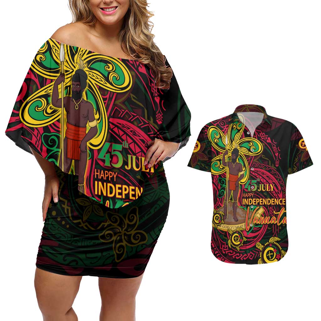 Custom Vanuatu 45th Independence Anniversary Couples Matching Off Shoulder Short Dress and Hawaiian Shirt Flower Melanesian Namele Turtle DT02 Black - Polynesian Pride