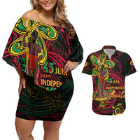 Custom Vanuatu 45th Independence Anniversary Couples Matching Off Shoulder Short Dress and Hawaiian Shirt Flower Melanesian Namele Turtle DT02 Black - Polynesian Pride