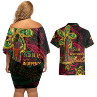 Custom Vanuatu 45th Independence Anniversary Couples Matching Off Shoulder Short Dress and Hawaiian Shirt Flower Melanesian Namele Turtle DT02 - Polynesian Pride