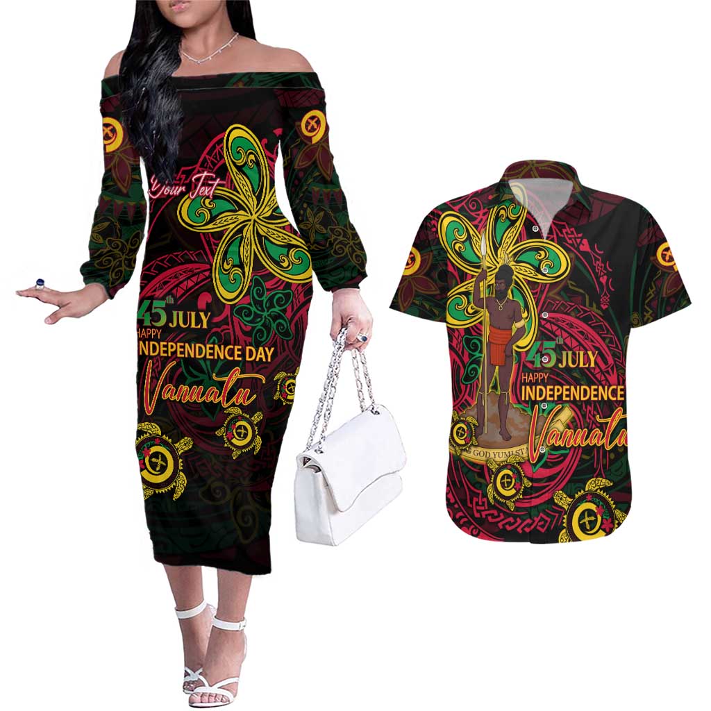Custom Vanuatu 45th Independence Anniversary Couples Matching Off The Shoulder Long Sleeve Dress and Hawaiian Shirt Flower Melanesian Namele Turtle DT02 Black - Polynesian Pride