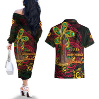 Custom Vanuatu 45th Independence Anniversary Couples Matching Off The Shoulder Long Sleeve Dress and Hawaiian Shirt Flower Melanesian Namele Turtle DT02 - Polynesian Pride